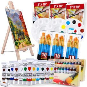 Acrylic Painting Set with 1Wooden Easel 3 Canvas Panels30 pcs Nylon Hair Brushes